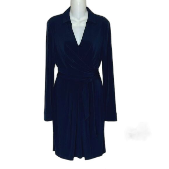 VINCE CAMUTO NAVY BLUE WRAP & TIE STYLE KNIT DRESS SIZE 10 LONG SLEEVES - Picture 1 of 12
